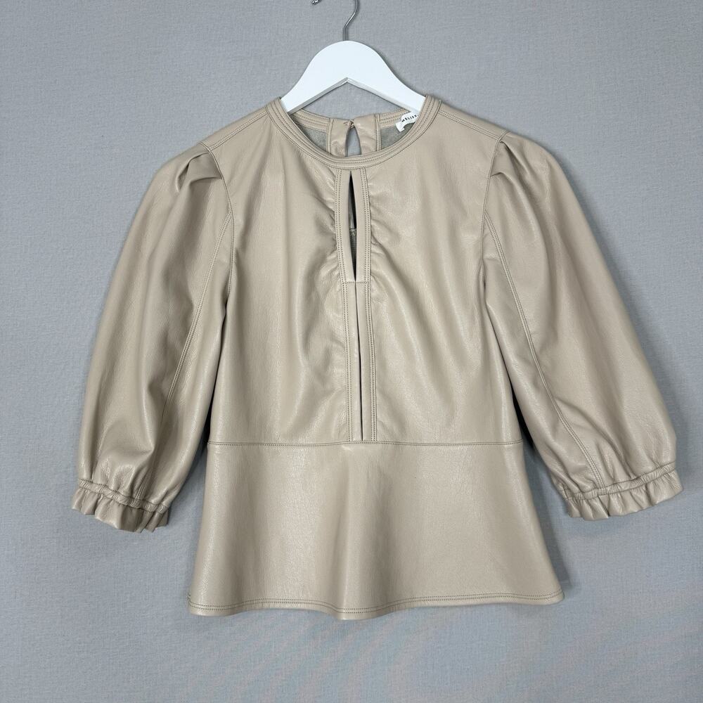 Melissa Nepton Womens Top Extra Small Beige Onia Vegan Leather Puff Sleeve Boho